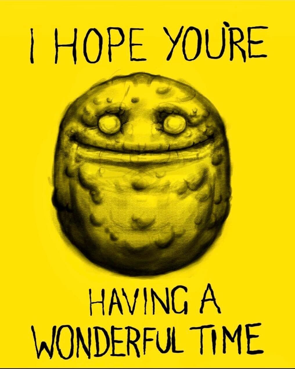 Digital illustration of a lumpy yellow character with handwritten text on a yellow background