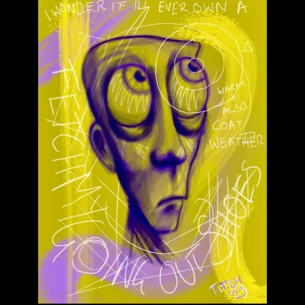 Expressive portrait with yellow and purple tones and handwritten lyrics
