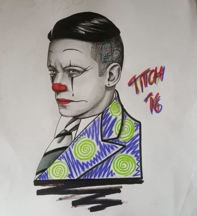 Portrait of a melancholy clown in a patterned suit, pencil and marker style