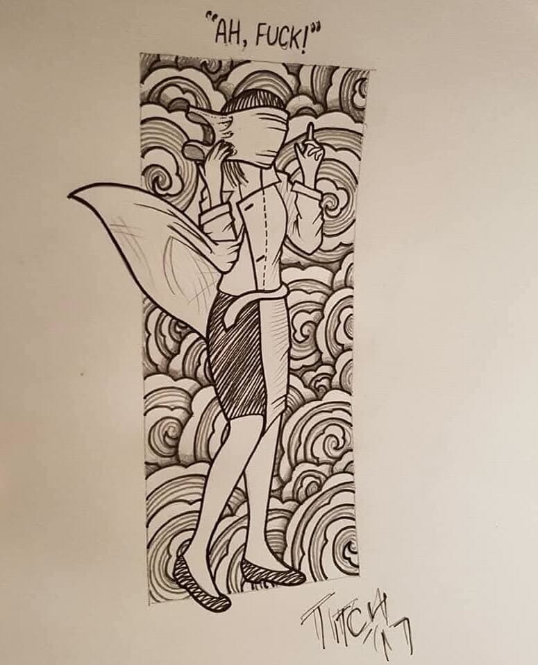 Ink drawing of a figure with a bag over the head and decorative background